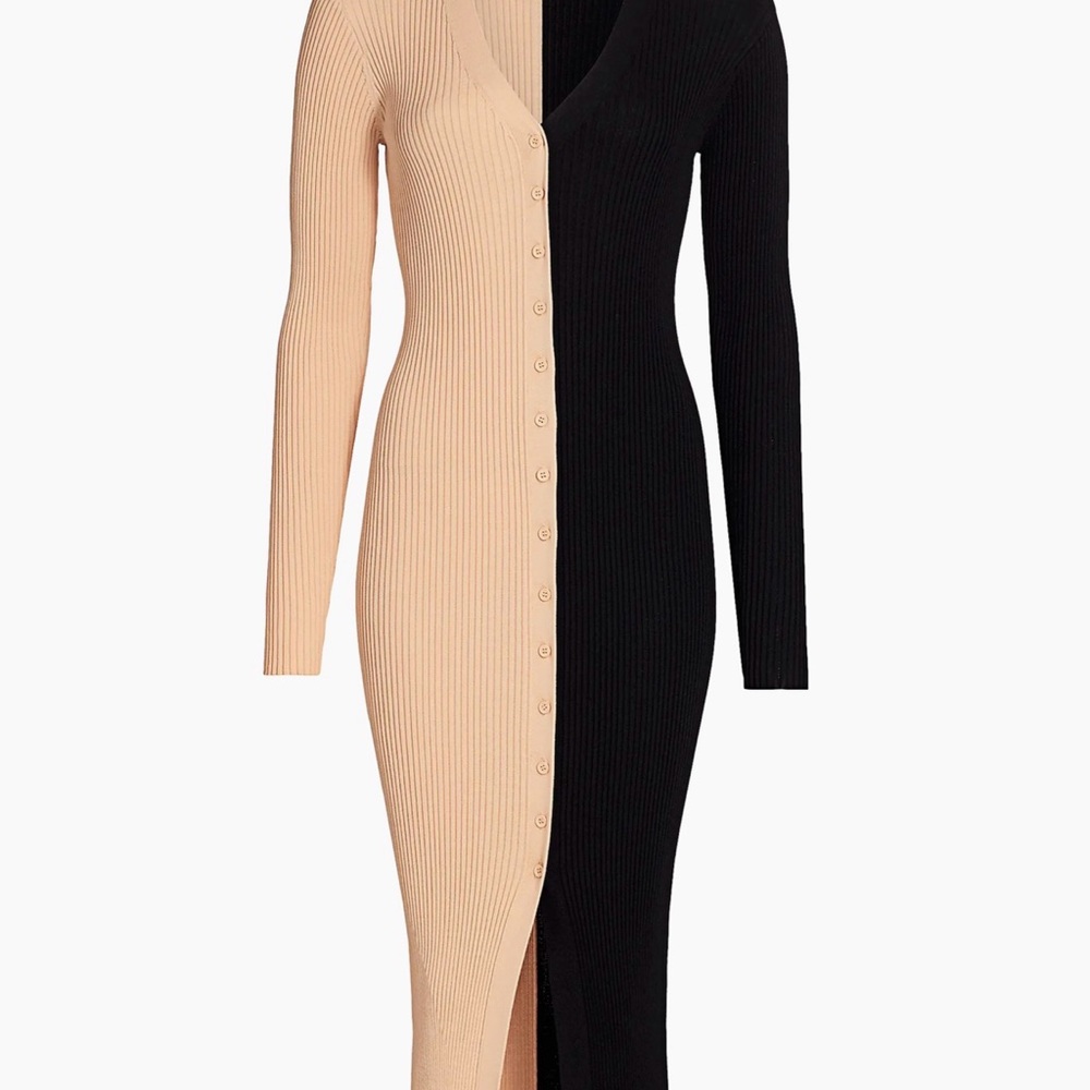 STAUD Black and Tan Ribbed Midi Dress